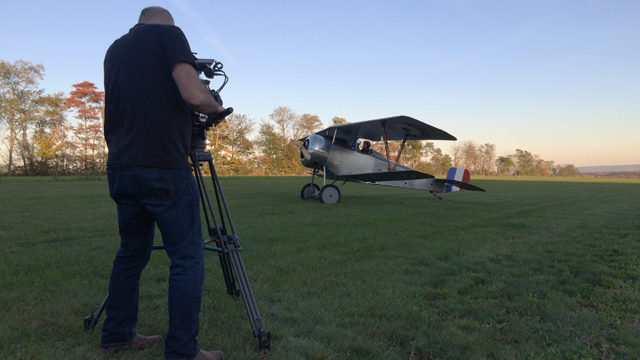 Cinematographer Mathieu Mazza films a replica Nieuport 17, Newville, PA, 2018
